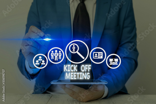 Writing note showing Kick Off Meeting. Business concept for getting fired from your team private talking about company