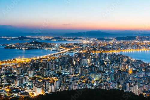 Sunset skyline view of downtown at Florianopolis city in Brazil