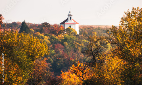 Beautiful Colorful Autumn Forest Landscape with the Chapel of St. Anthony of Padua and St. Florian on the Hill in Dolni Kounice, Czech Republic