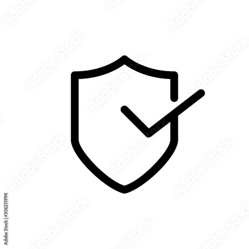 Icono plano lineal escudo con marca de casilla de verificación en color negro