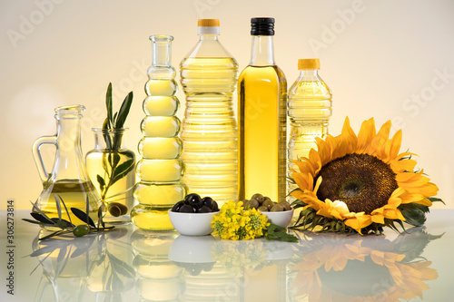 Healthy oil from sunflower, olive, rapeseed oil. Cooking oils in bottle