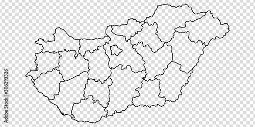 Blank map of Hungary. High quality map of Hungary with provinces on transparent background for your web site design, logo, app, UI. Europe. EPS10.