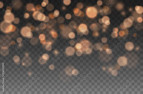 Bokeh lights effect isolated on transparent background. Vector Christmas glowing yellow and orange overlay sparkle texture.