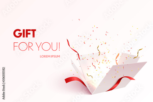 Open gift box with confetti burst explosion isolated. 3d vector background.