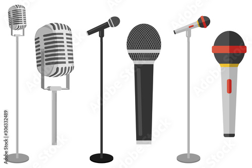 Three microphones on counter. Microphone with stand vector on white background. Set of microphones on counter.