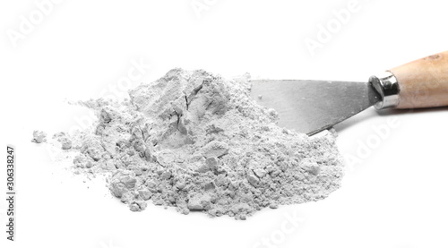 Plaster cast, gypsum with metal trowel tool isolated on white background