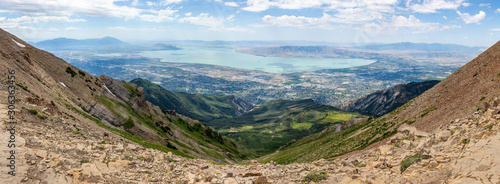 Utah county with Utah lake panorama from the summit of mountain Timpanogos