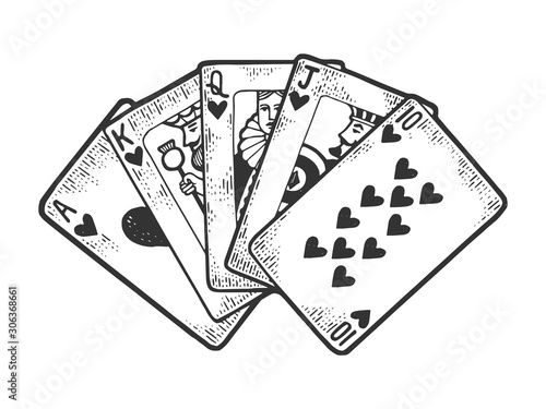 Poker Royal flush winning combination of cards sketch engraving vector illustration. T-shirt apparel print design. Scratch board style imitation. Black and white hand drawn image.