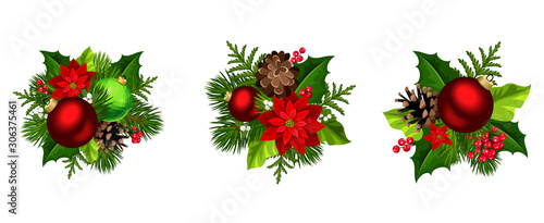Set of three vector Christmas decorations with red and green balls, poinsettia flowers, fir-tree branches, pinecones, holly and mistletoe isolated on a white background.