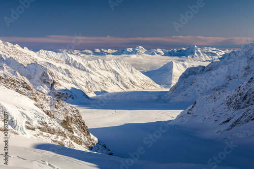 Snowcapped mountain range of Jungfrau in winter.