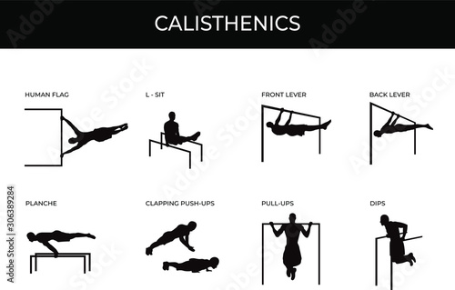 Calisthenic silhouettes set isolated on white. Male athlete doing human flag, planche, front lever, back lever, L-sit, clapping pushups, pull ups and dips. Street workout and gym own weight exercises.