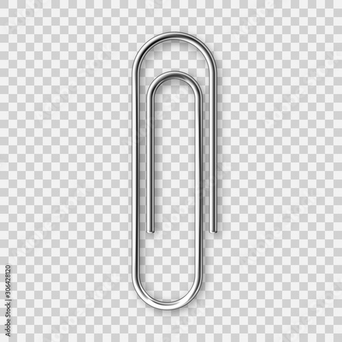 Realistic metal paper clip isolated on transparent background. Page holder, binder. Vector illustration.