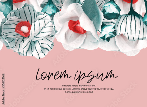  Handmade crepe paper flowers, on a plain background. Mockup for business cards, invitations and posters.
