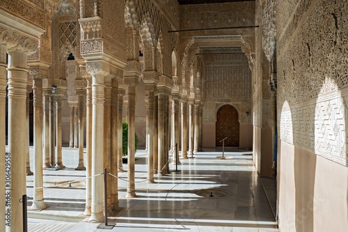 Lions court in Nasrid moresque palace of Alhambra. The palace is UNESCO World Heritage and the official number one travel destination of Spain.