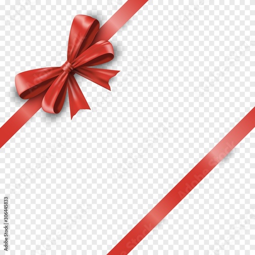 Realistic red silk gift bow with diagonally shiny stripes ribbon on the corner isolated on transparent background. Valentine or christmas celebration bow. Satin decoration gift promotion or