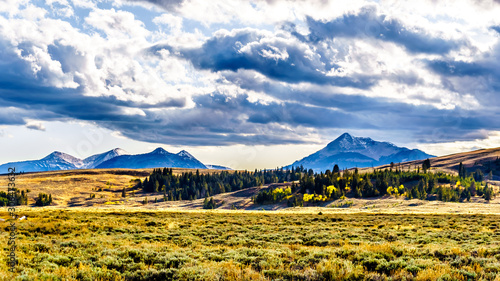 The Gallatin Mountain Range with Electric Peak under later afternoon sun. Viewed from the Grand Loop Road near Mammoth Hot Springs in Yellowstone National Park, Wyoming, United States