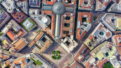 Milan, Italy. Gallery of Victor Emanuel II 1865-1877 year of construction. Roofs of the city aerial view, Aerial View, HEAD OVER SHOT
