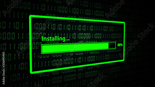 Installing With Progress Bar, Closeup Process of Installing Program on Abstract Binary Code Background. 