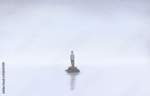 Man alone with the sea, lonely, depression, sad, surreal painting illustration, artwork