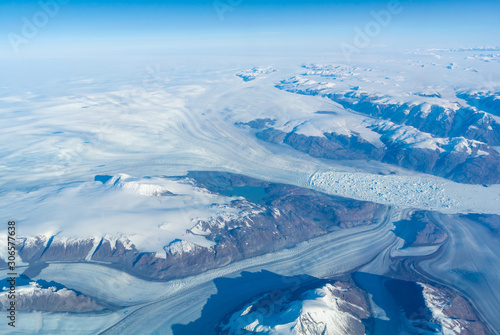 Greenland/ united kingdom of Denmark- september 28th 2019: Aerial landscape of Greenland with glacier and snow,