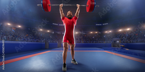 Male athlete is lifting a barbell on a professional stadium. Stadium and crowd are made in 3d.