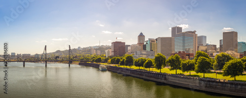 Beautiful Panorama of Downtown Portland cityscape skyscrapers and Hawthorne Bridge during sunny day