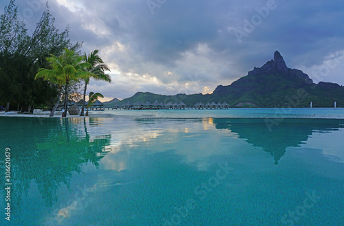 Night view of the Mont Otemanu mountain seen from the Meridien Bora Bora resort over the lagoon in French Polynesia, South Pacific