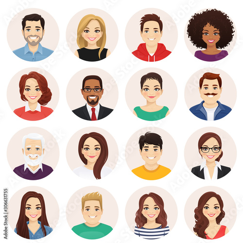 Smiling people avatar set. Different men and women characters collection. Isolated vector illustration.