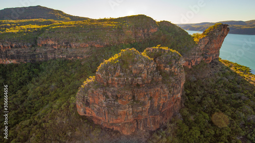 Landscape aerial view of cliff and crags at the mouth of Porosus Creek in Prince Frederick Harbor in the remote North Kimberley of Australia.