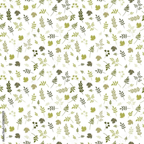 Seamless pattern with different green leaves on white background.
