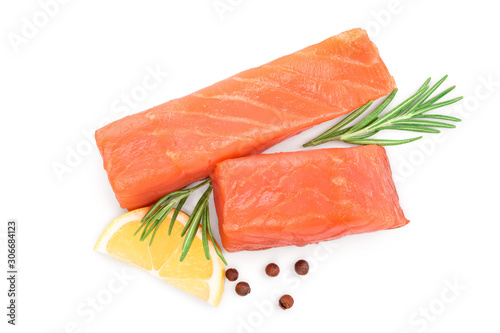 Slice of red fish salmon with rosemary and lemon isolated on white background. Top view. Flat lay