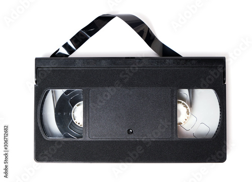 Retro videotape on white background, close-up isolate.