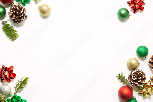 Christmas frame with ornaments isolated on white