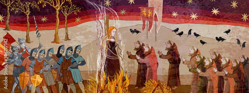 Medieval scene. Inquisition. Burning witches. Ancient book vector illustration. Middle Ages parchment style. Joan of Arc (Jeanne d'Arc) concept. Monks and soldiers at a fire with the witch