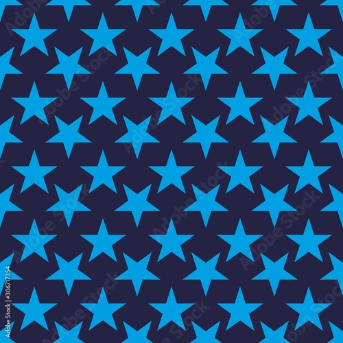 Abstract seamless pattern with shapes of stars on a dark blue background. Orderly arrangement of geometric shapes. Vector illustration. Graphic texture for design.
