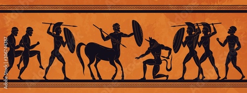 Ancient Greece scene. Historic mythology silhouettes with gods and centaurs, figures and pattern for ancient amphora. Vector mythological image art ancients amphoras ornaments