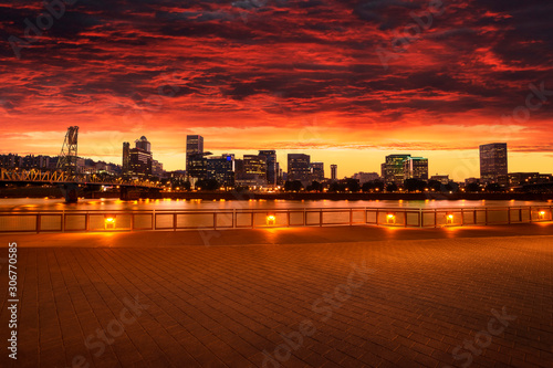 Red sky during wonderfuly colored dawn with view on Portland downtown, Oregon, USA