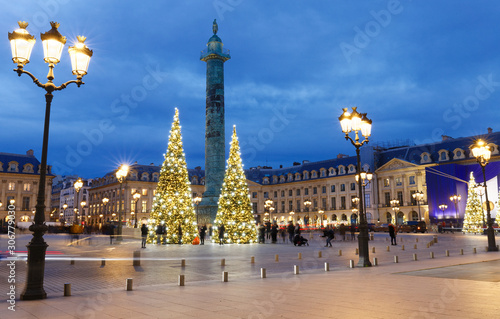 The place Vendome decorated for Christmas at night, Paris, France.