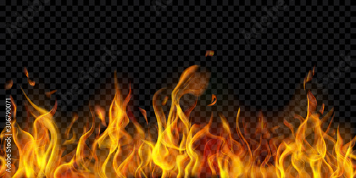 Translucent fire flames and sparks with horizontal repetition on transparent background. For used on dark illustrations. Transparency only in vector format