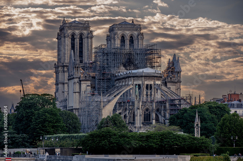 Paris, France - November 23, 2019: Notre Dame cathedral during restoration works after the massive fire on its structure