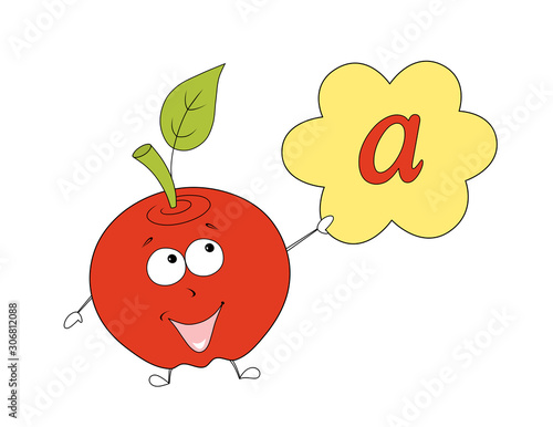 a is for apple. happy cartoon character with big eyes and holding a sign with the vowel