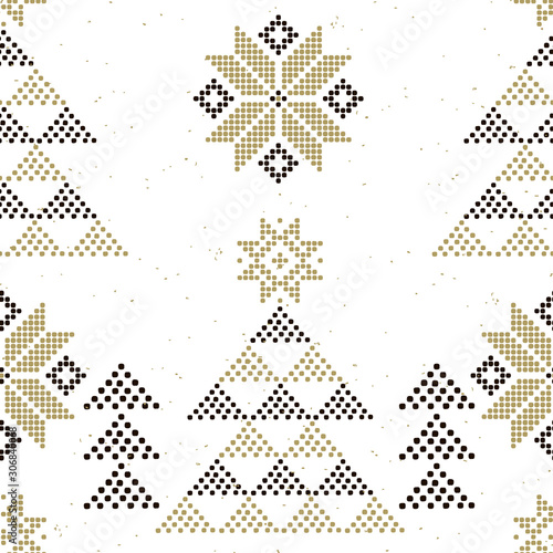 Abstract winter seamless pattern on a white background. Geometric decor of polka dots. Christmas trees and stars. Vector .