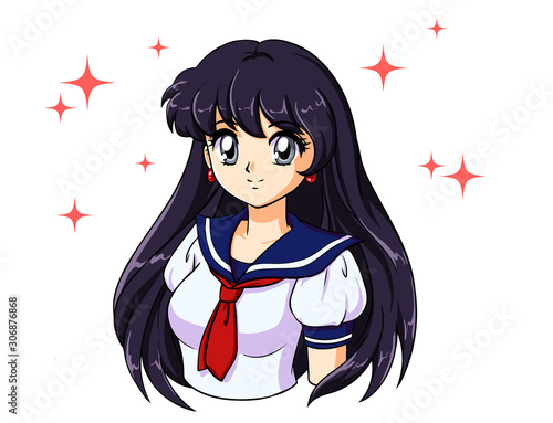 Retro anime girl with black hair in japanese school uniform.