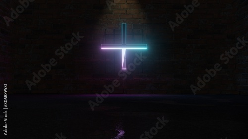 3D rendering of blue violet neon plus symbol icon on brick wall