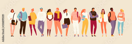 Multicultural group of students of different nationalities. Youth culture and style. Vector flat illustration
