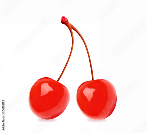 Twin or double maraschino cherries with stems isolated on white background