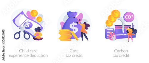 Tax deduction, exemption and credit icons set. Child care experience deduction, care tax credit, carbon tax credit metaphors. Income subsidies. Vector isolated concept metaphor illustrations