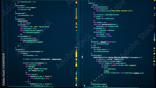 Java code of web page. Javascript programming concept. Frontend java code. Software computer programming code