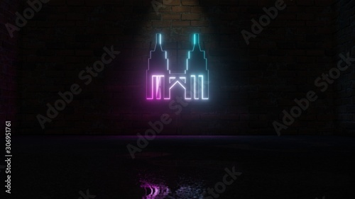 3D rendering of blue violet neon symbol of Petronas twin tower icon on brick wall