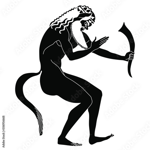 Drunken ancient Greek satyr holding rhyton of wine. Vase painting style. Black and white silhouette.